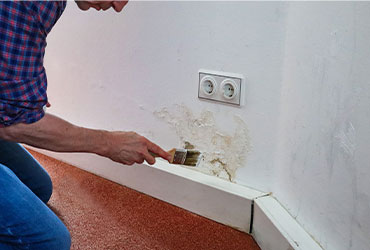 Veinal_Kettenreaktion_Vorschau-2 Mann streicht mit einem Pinsel über eine feuchte Wand.